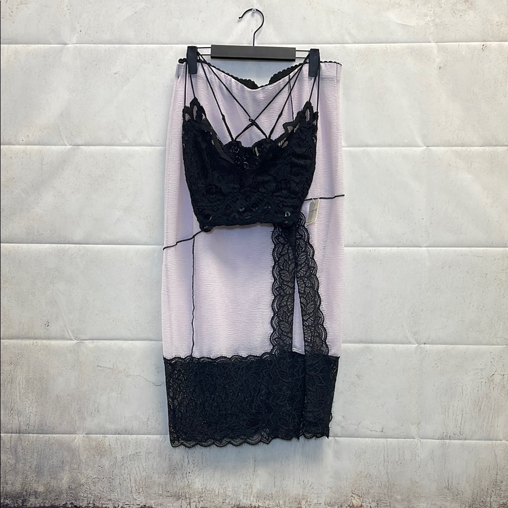 Intimately Free People, Black Lace Bralette and Lilac Black Lace Skirt, (M)